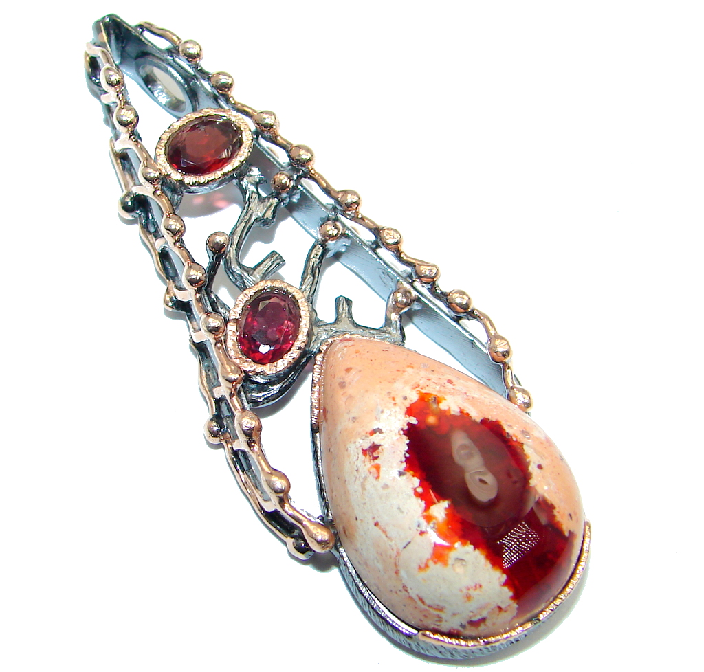 Authentic Mexican Fire Opal Garnet Gold plated over Sterling Silver handmade Pendant