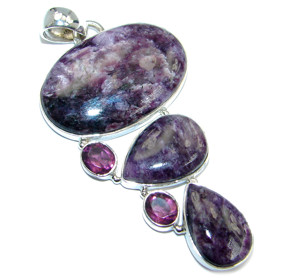 Huge Genuine AAA quality Purple Siberian Charoite Ruby Sterling Silver Pendant