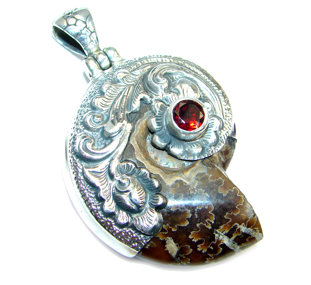 Big Stylish Ammonite Fossil Garnet Sterling Silver handmade Pendant