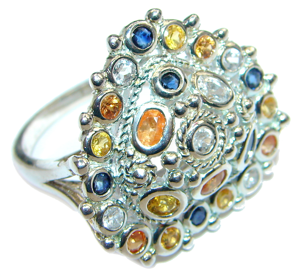 Amazing Multicolor Sapphire Rhodium Plated Sterling Silver Ring s. 9 3/4