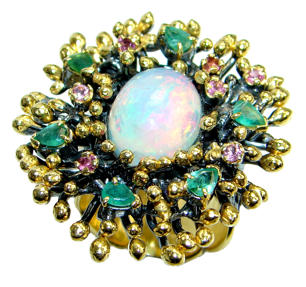 Natural Pink Ethiopian Opal Sapphire Emerald 18ct Gold Rhodium plated over Sterling Silver ring size adjustable