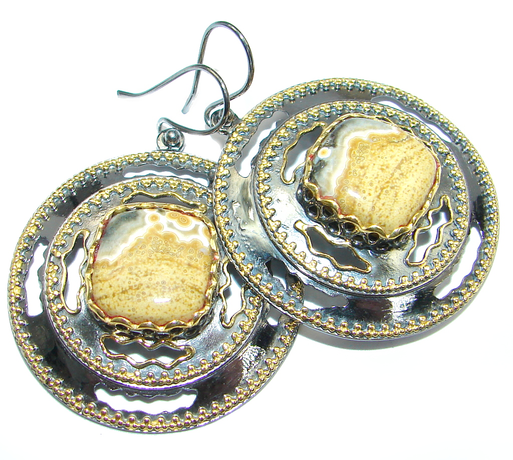Large Natural Beauty Ocean Jasper Gold Rhodium plated over Sterling Silver handmade Earrings