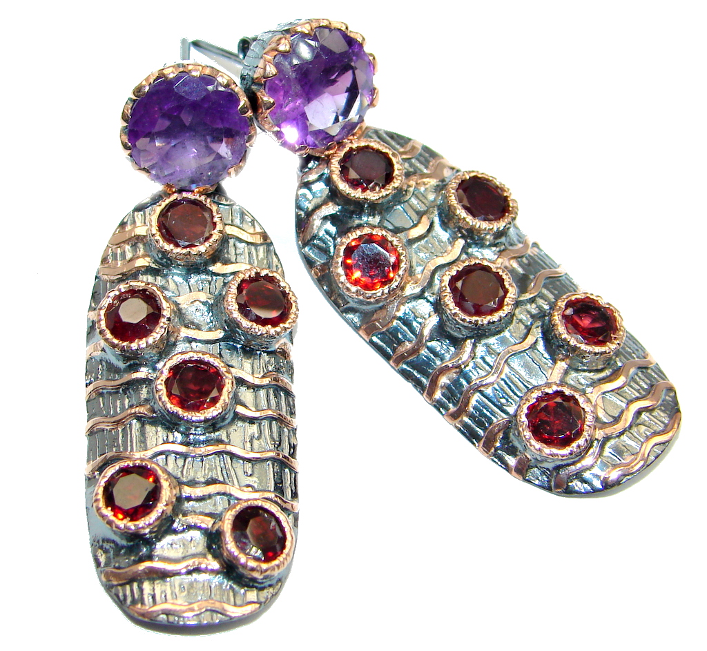 Unique Rhodolite Garnet Amethyst Rose Gold plated over Sterling Silver stud earrings