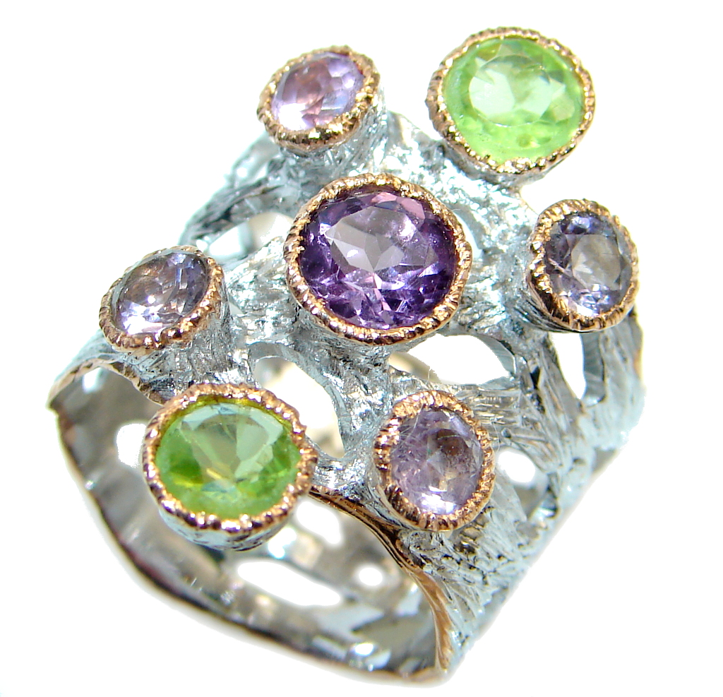 Amethyst & Peridot Two Tones Sterling Silver handmade ring s. 7 1/2