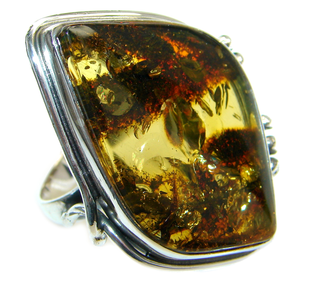 Chunky Genuine Baltic Polish Amber Sterling Silver handmade Ring size 9 1/2