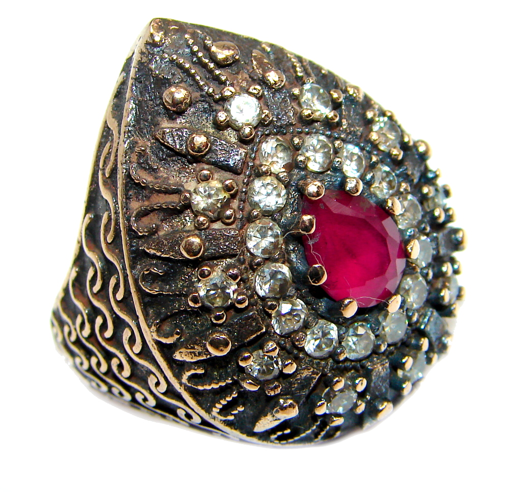 Large Victorian Style created Ruby & White Topaz Sterling Silver ring; s. 6 1/2