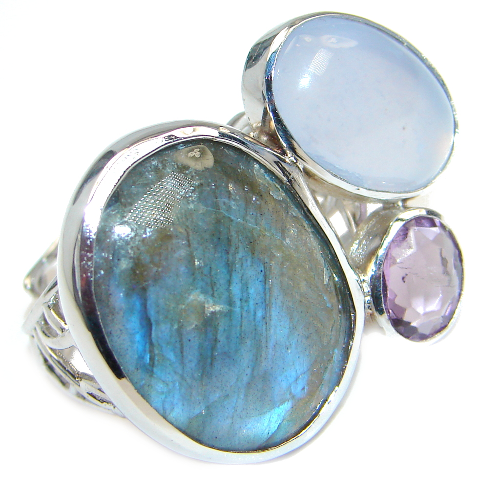 Blue Aura Fire Labradorite Amethyst Sterling Silver ring size 7 1/2