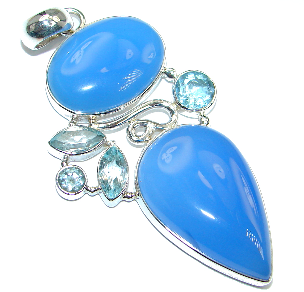 Blue Aura Chalcedony Agate Swiss Blue Topaz Sterling Silver handmade Pendant