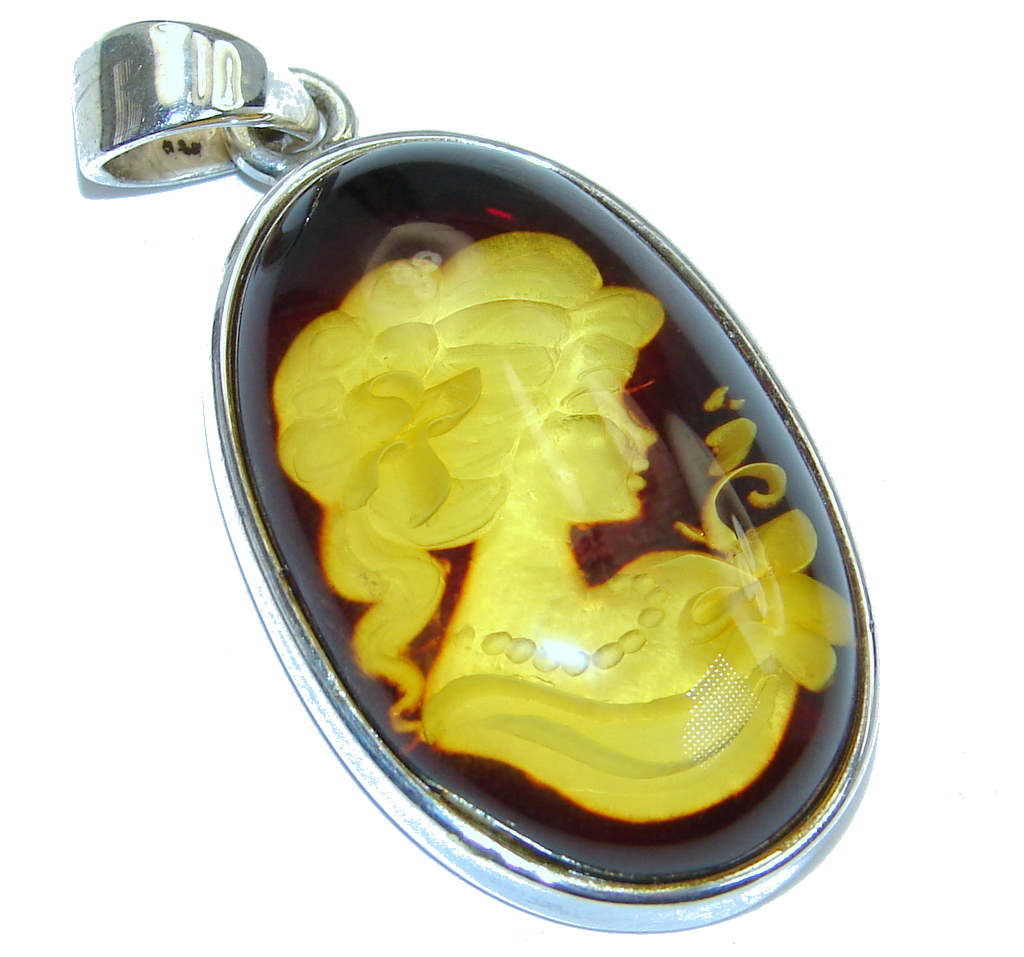 Fabulous Cameo Polish Amber Sterling Silver handmade Pendant