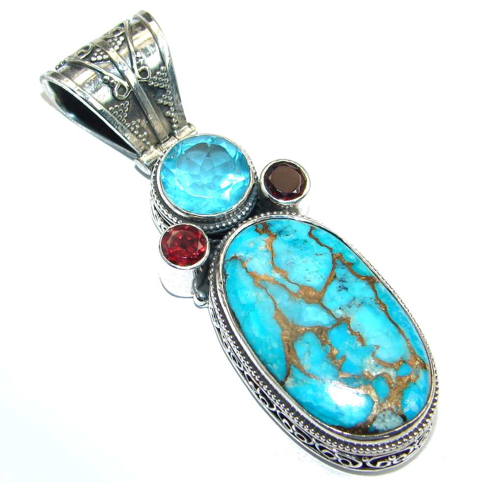 Blue Turquoise with copper vains Sterling Silver handmade Pendant