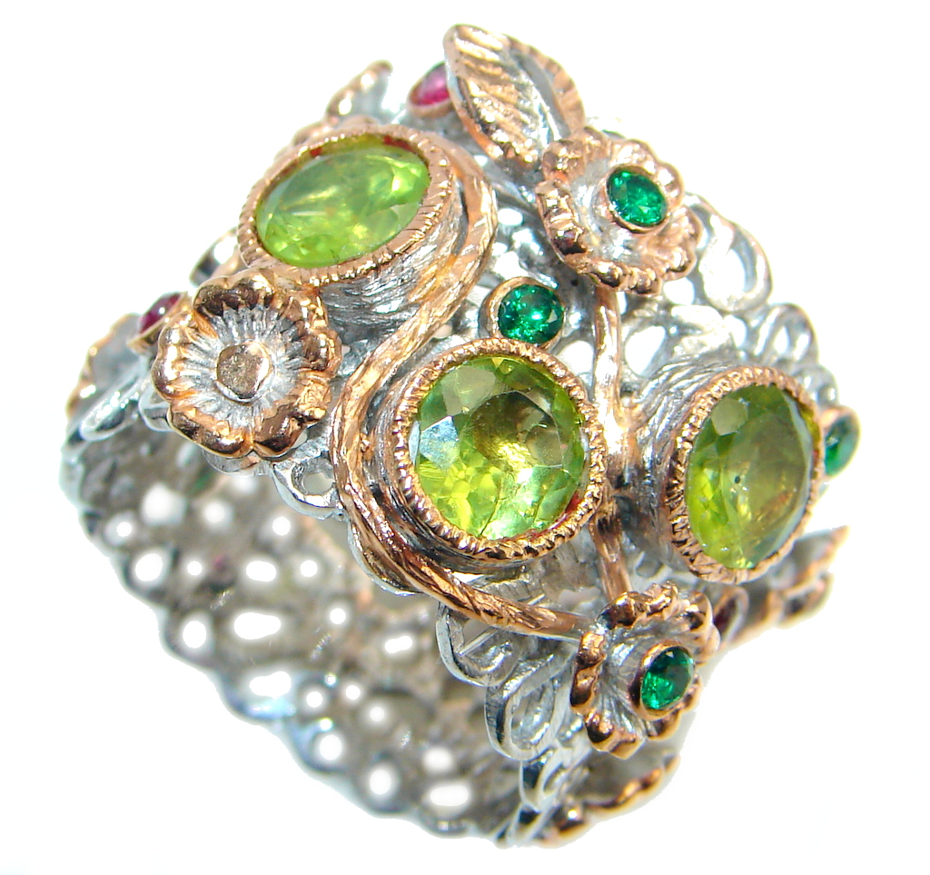 Sublime Style Peridot Emerald Ruby Rose Gold plated over Sterling Silver ring; size 7 3/4