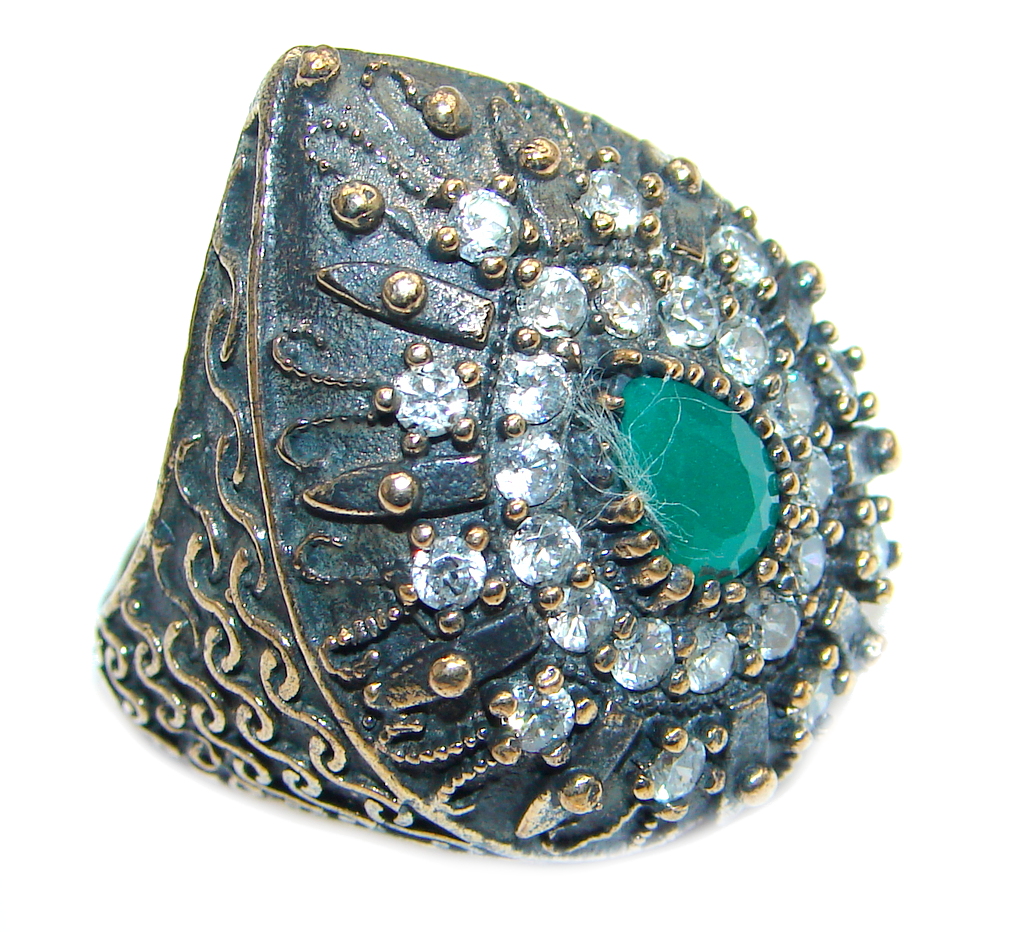 Victorian Style created Emerald & White Topaz Copper over Sterling Silver ring; s. 7