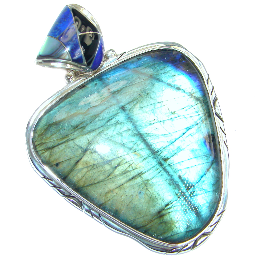 Huge 34.9 grams Blue Labradorite inlay Lapis Lazuli Sterling Silver handmade Pendant