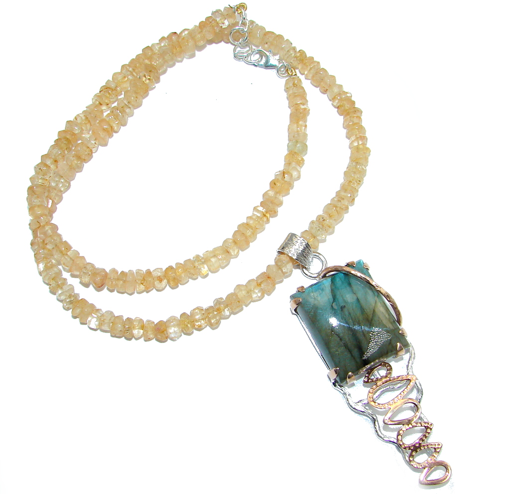 Marvelous quality Fire Labradorite Citrine Beads Rose Gold plated over Sterling Silver handmade necklace