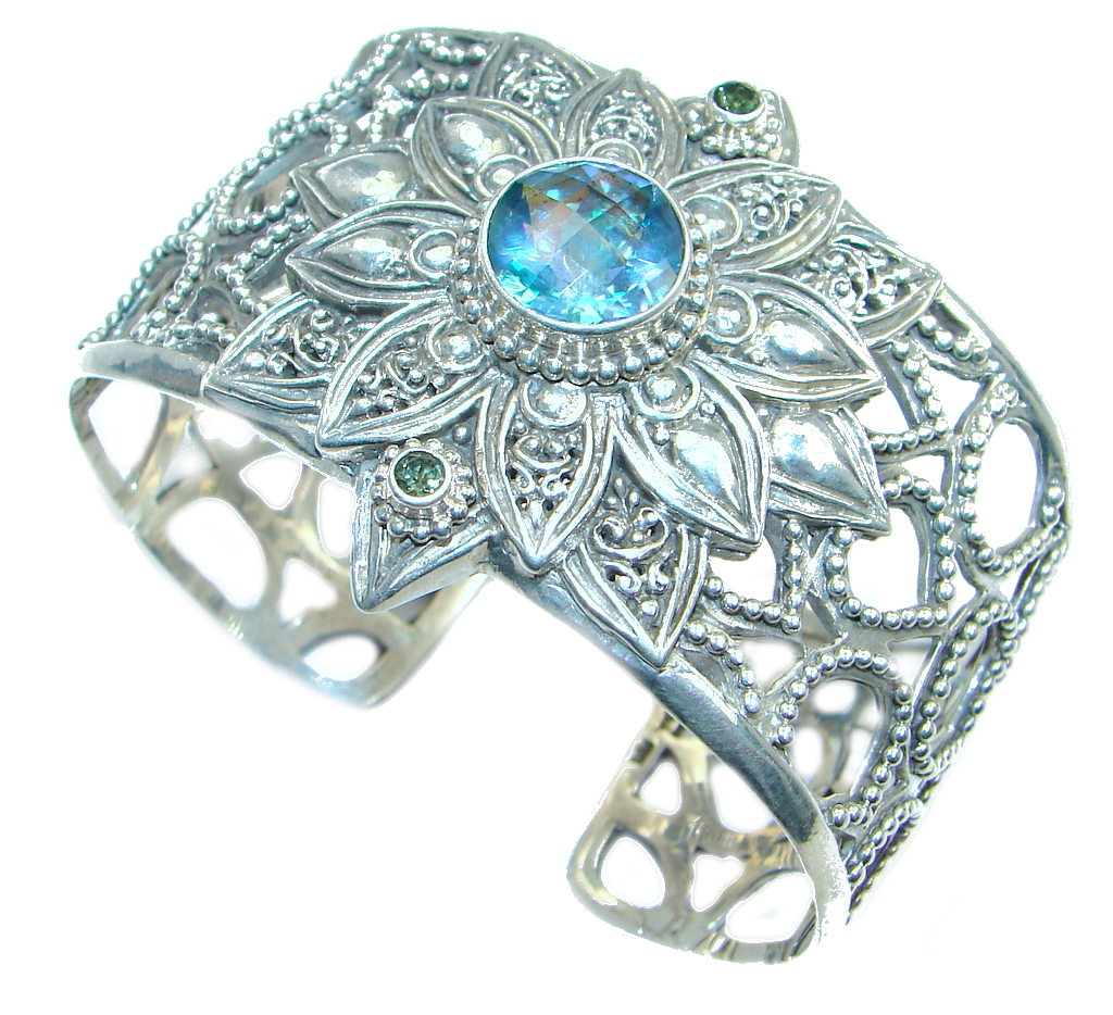 Huge Luxury Aqua Magic Topaz Sterling Silver handmade Cuff/Bracelet