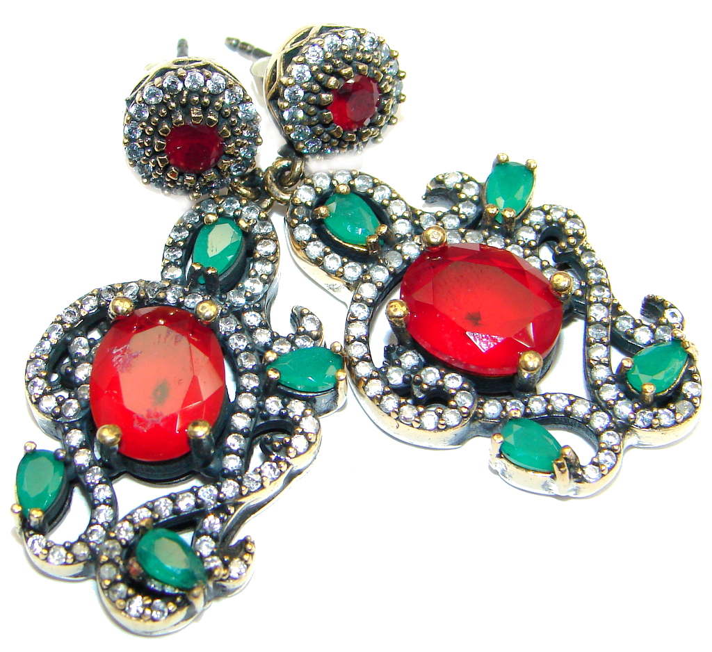 Huge Victorian Style created Red Ruby Sterling Silver earrings