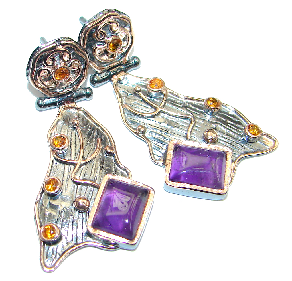 Flawless Amethyst Sapphire Rose Gold plated over Sterling Silver entirely handmade earrings