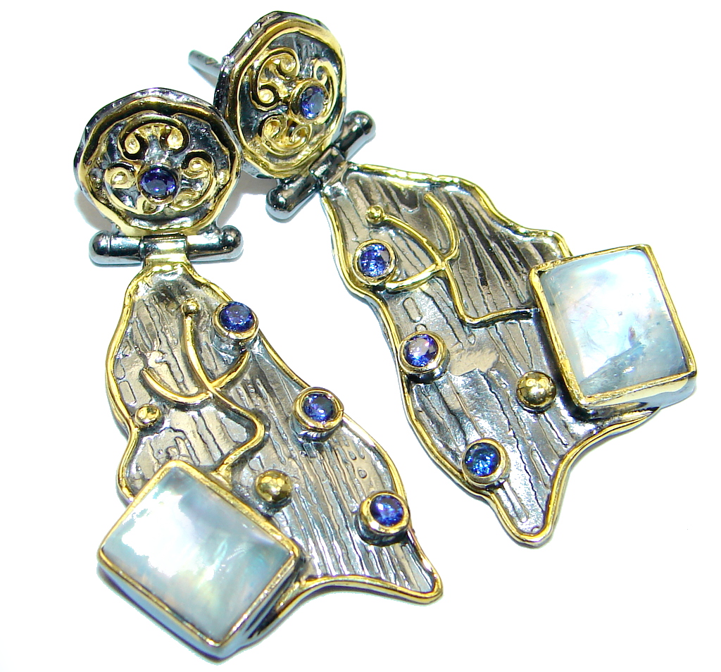 Flawless Moonstone Sapphire Gold plated over Sterling Silver entirely handmade earrings