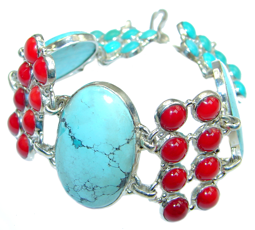 Chunky genuine Turquoise Coral Sterling Silver handmade Bracelet