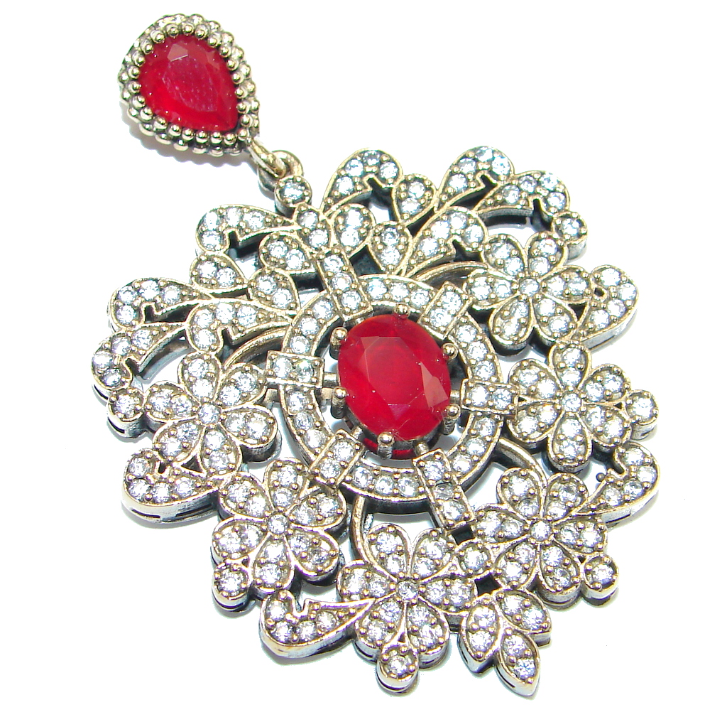 Victorian Style created Ruby Spinel Two tones Sterling Silver Pendant