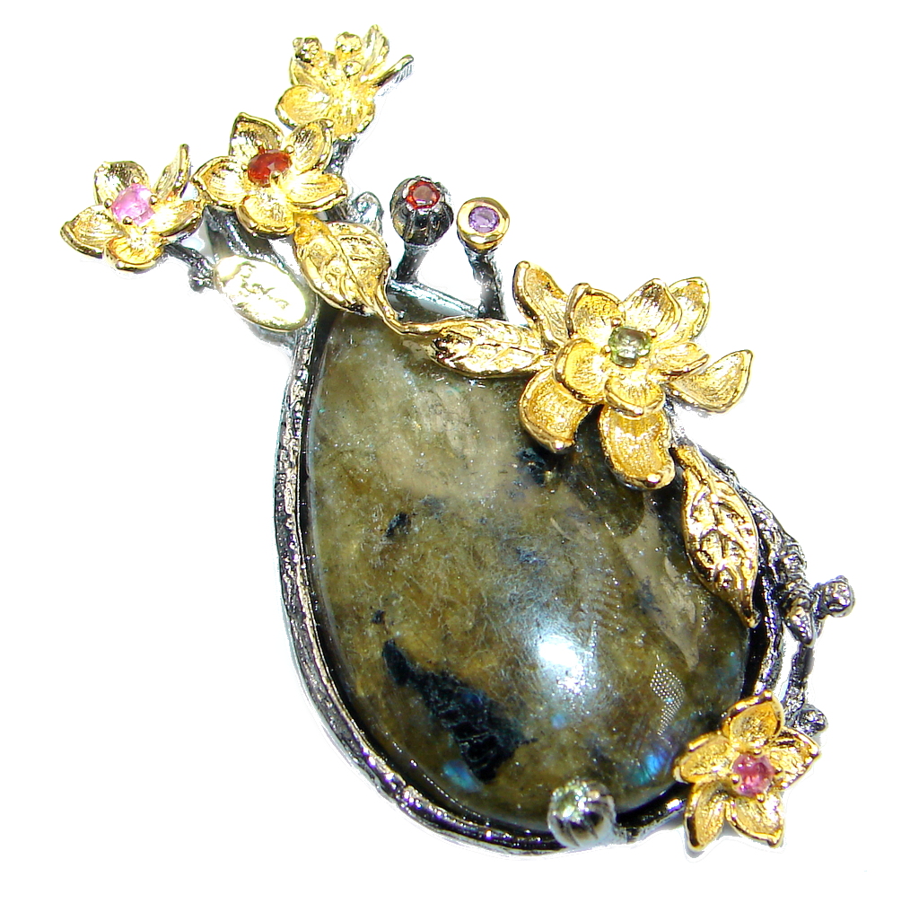 Fancy Floral Design genuine Fire Labradorite Sterling Silver handmade Pendant