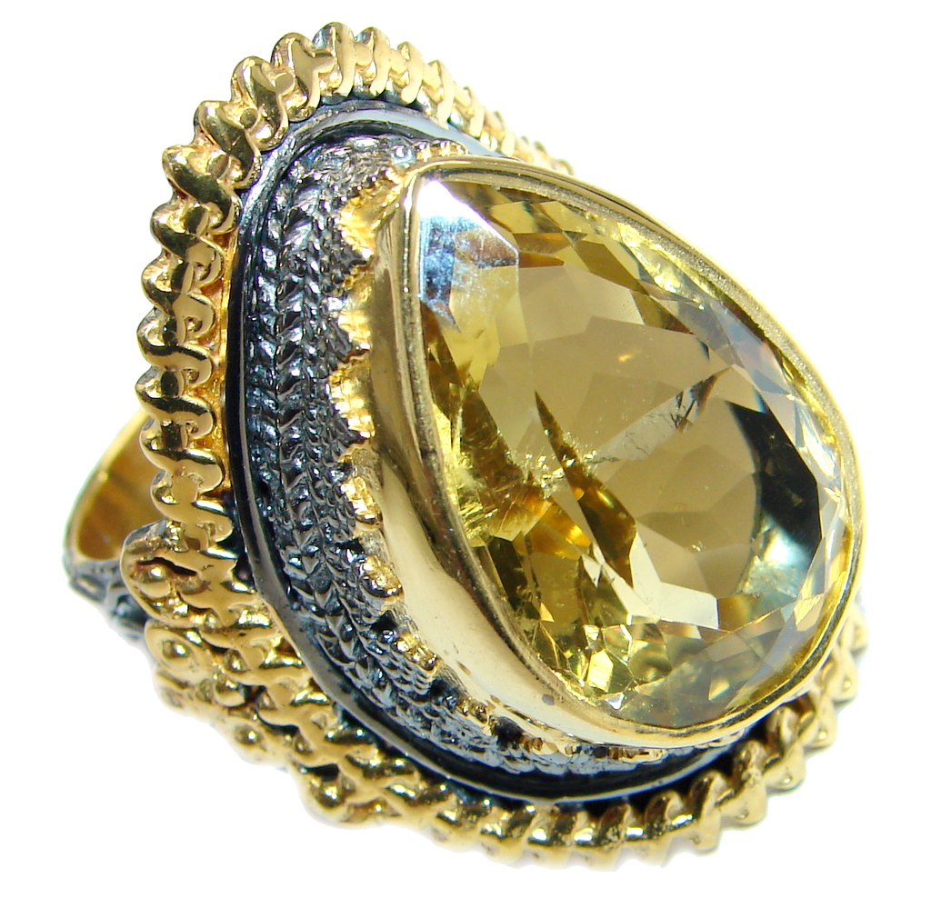 Natural Citrine Rhodium Gold plated over Sterling Silver handmade ring size adjustable