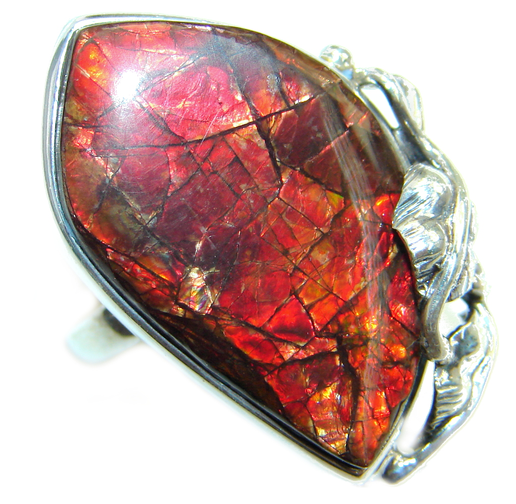 Authentic Canadian Red Fire Ammolite Sterling Silver ring size adjustable
