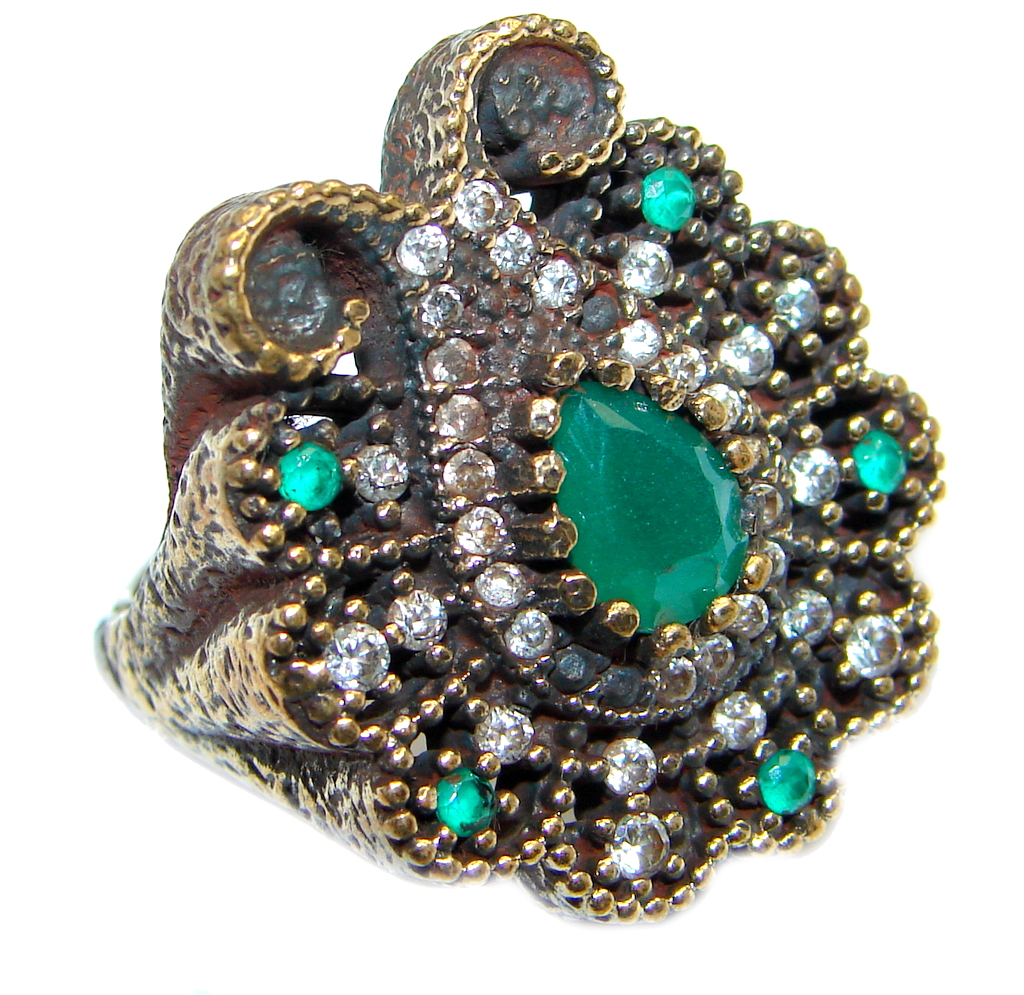 Victorian Style created Emerald & White Topaz Copper over Sterling Silver ring; s. 6