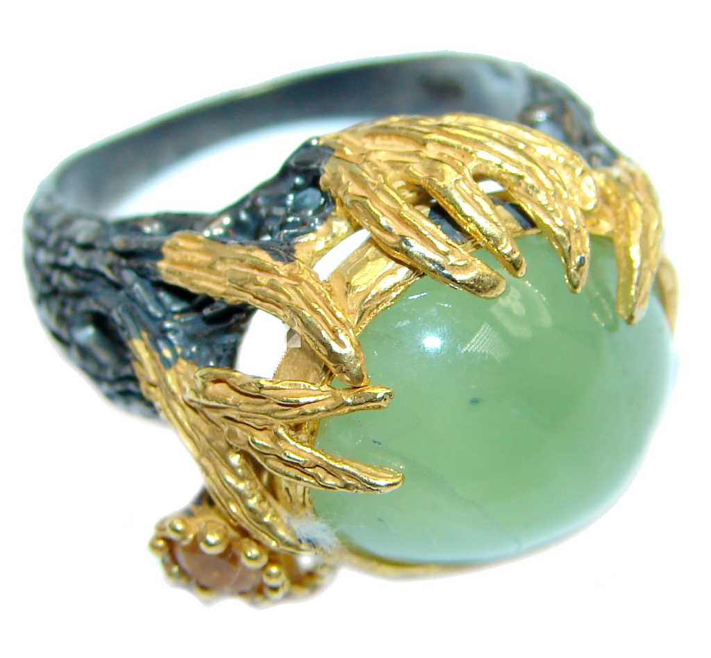 Jumbo Natural Prehnite Yellow Sapphire Gold plated over 925 Sterling Silver Ring Size 8