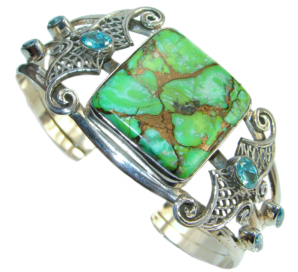 Large Handcrafted Green Turquoise Sterling Silver handmade Bracelet / Cuff
