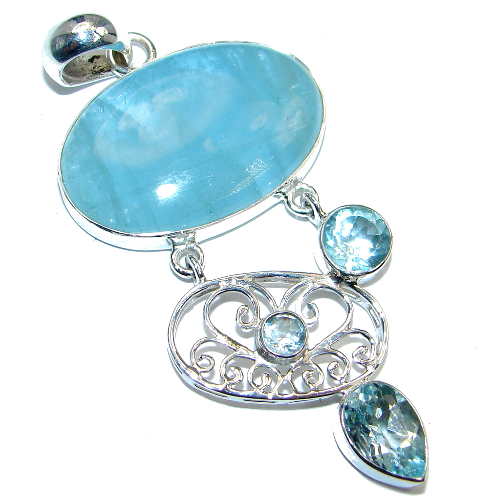 Large Genuine Aquamarine Swiss Blue Topaz Sterling Silver handmade Pendant