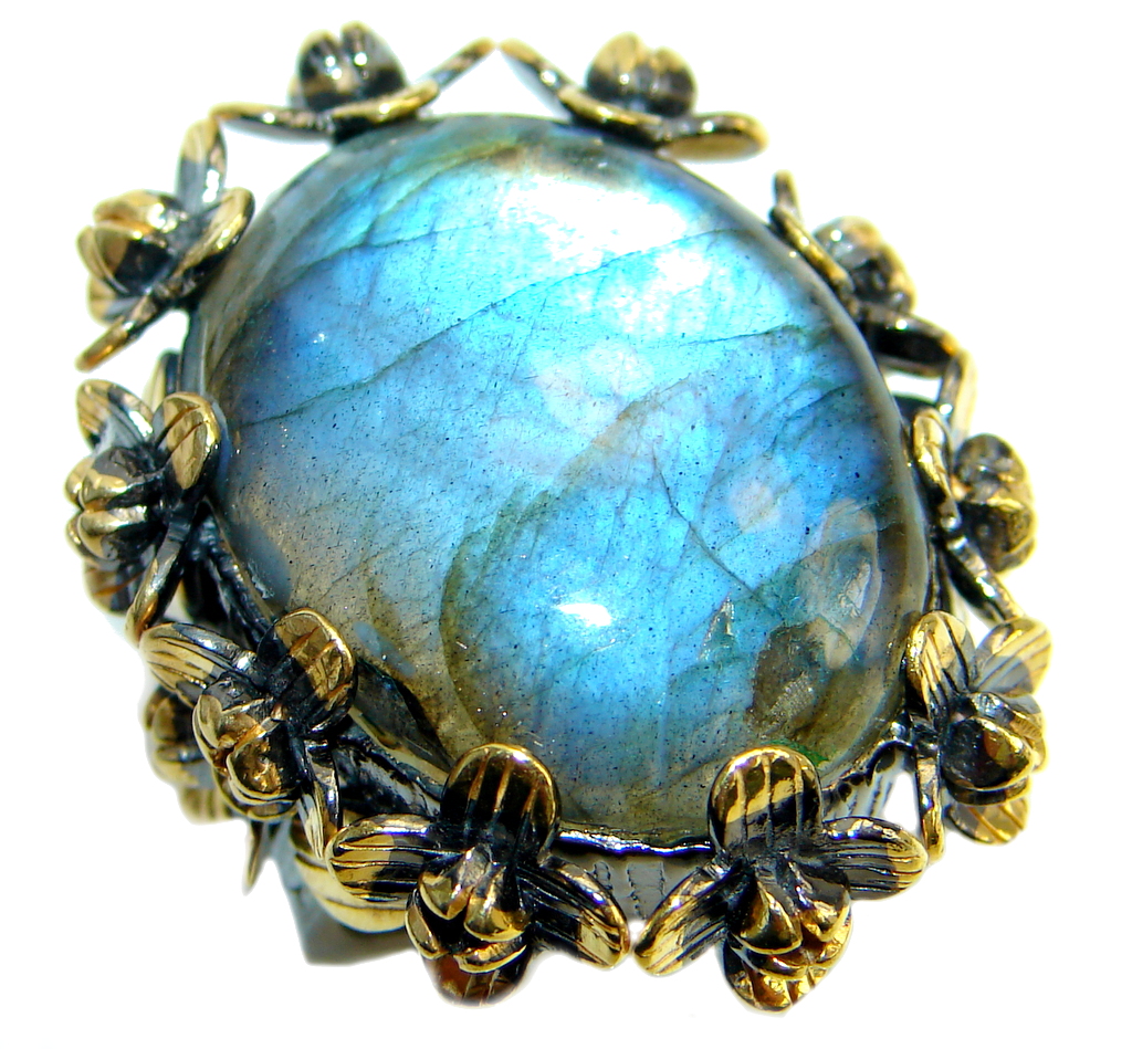 Huge Beautiful Fire Labradorite Gold plated over Sterling Silver Ring size 7