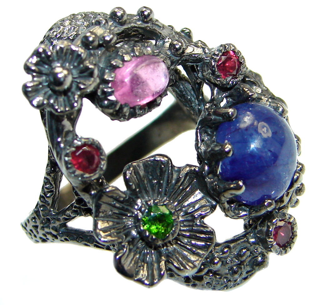 Fine Art natural Sapphire Ruby Emerald Rhodium Plated over Sterling Silver Ring s. 7 1/2