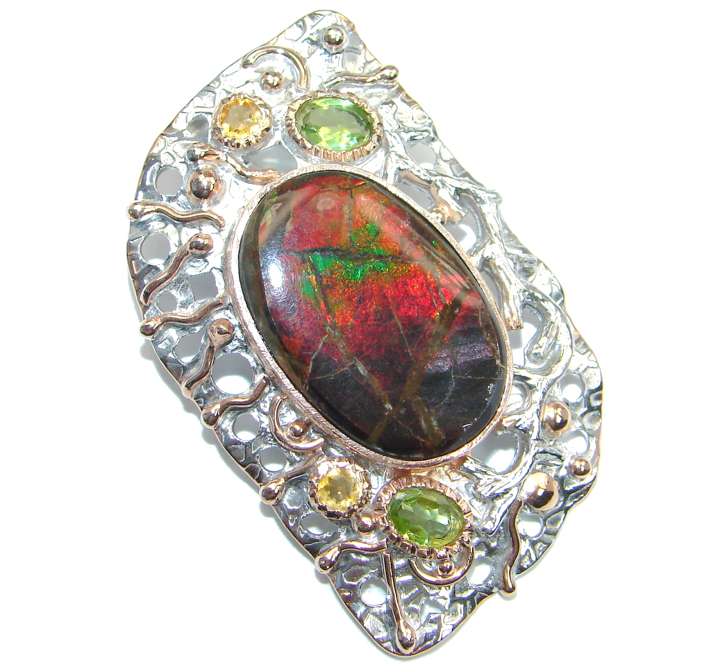 Huge of the kind genuine Ammolite Rose Gold plated over Sterling Silver handmade Pendant