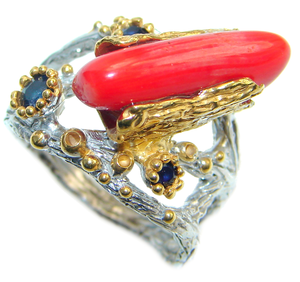 Gorgeous Fossilized Coral Sapphire Gold Rhodium Plated over Sterling Silver ring s. 6 1/4