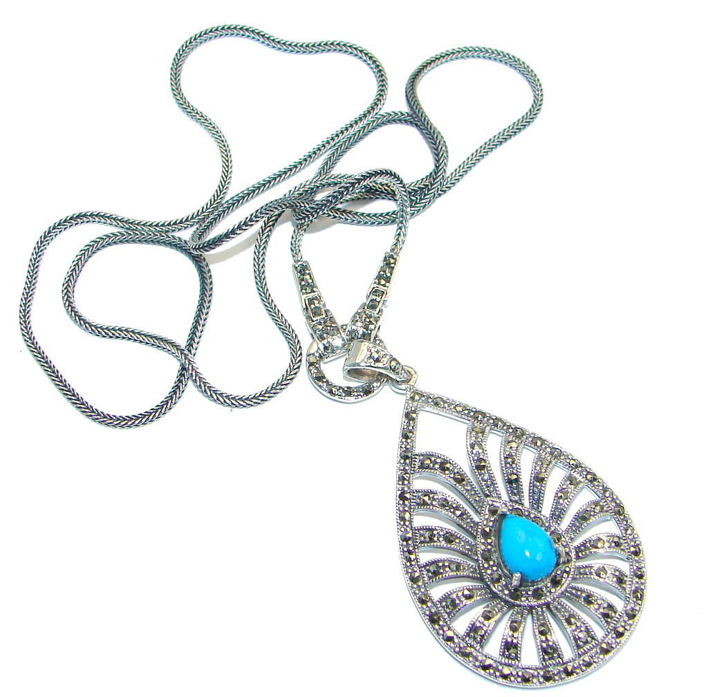 Gorgeous Natural Blue Turquoise Marcasite 925 Sterling Silver 24 inch Necklace