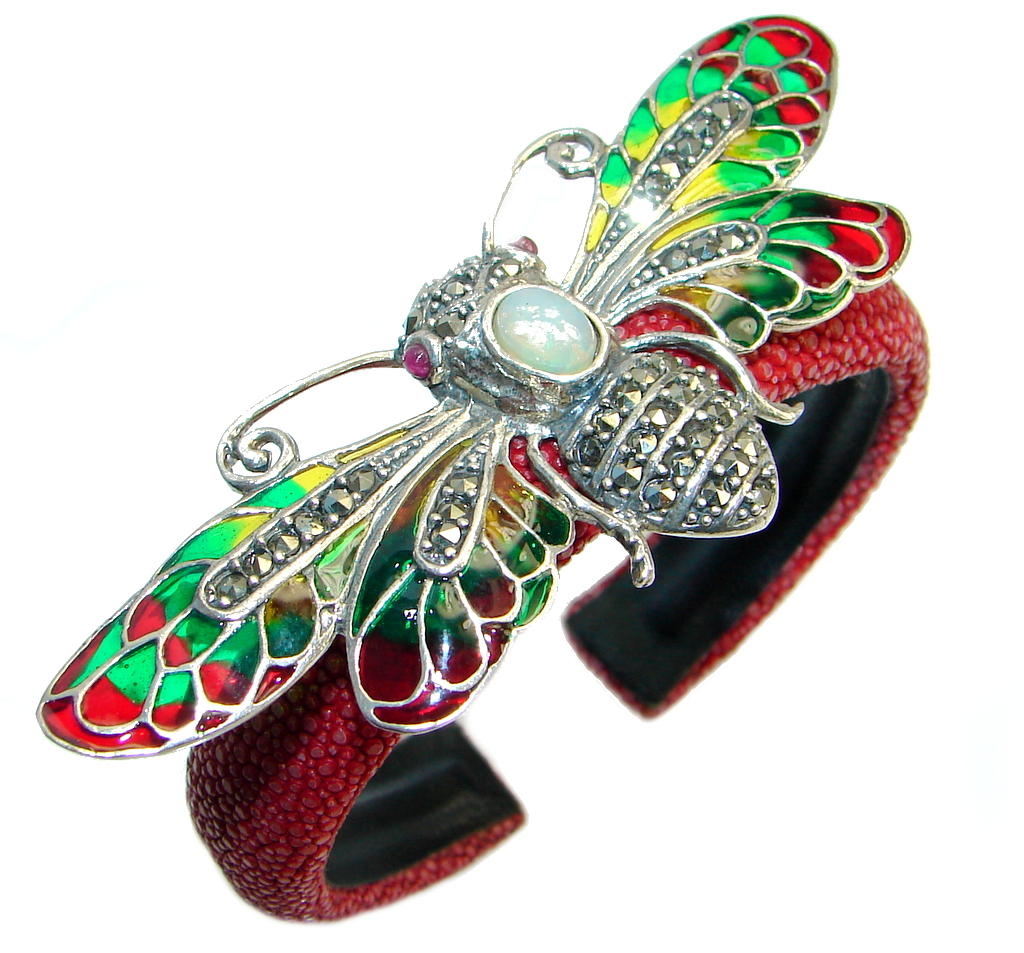 Fabulous Natural Fire Opal Marcasite Ruby 925 Silver Stingray Leather Bee Cuff