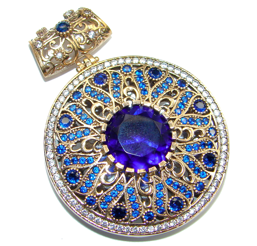 Victorian Style Created Blue Sapphire & White Topaz Sterling Silver Pendant