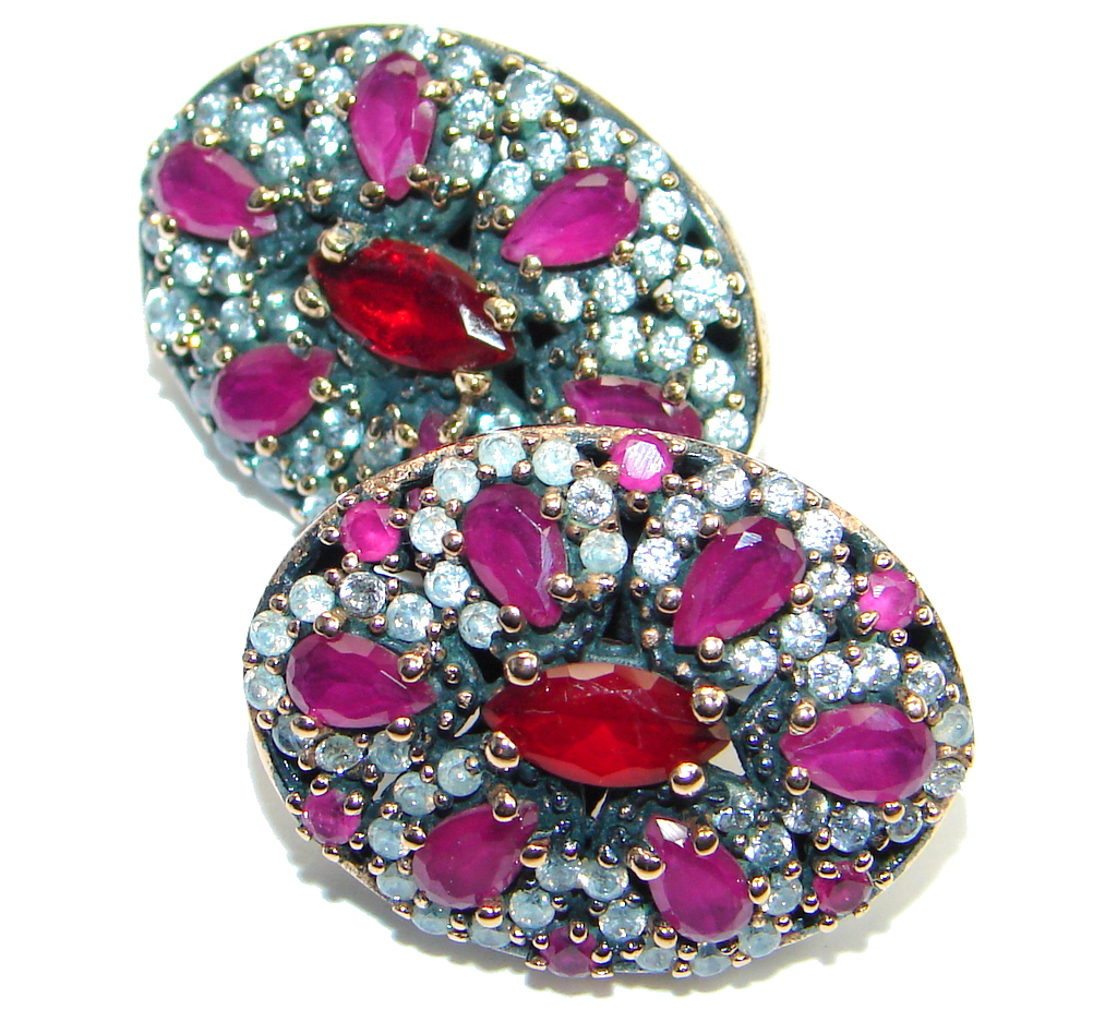 Huge Victorian Style created Red Ruby Sterling Silver earrings