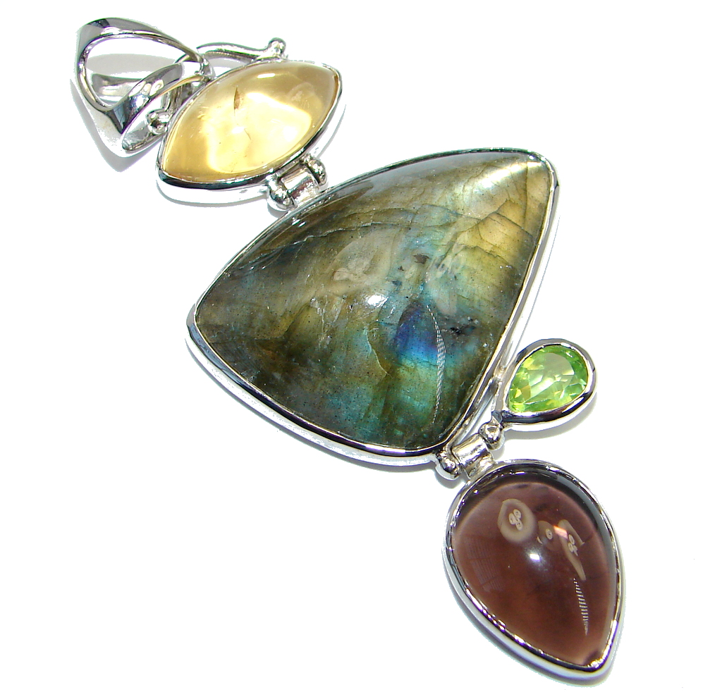 Perfect Northern Lights Labradorite Citrine Sterling Silver handmade Pendant