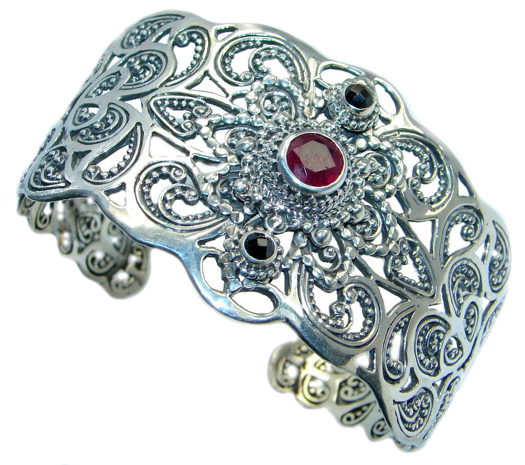 Huge Luxury Genuine Ruby Black Spinel Sterling Silver handmade Cuff/Bracelet