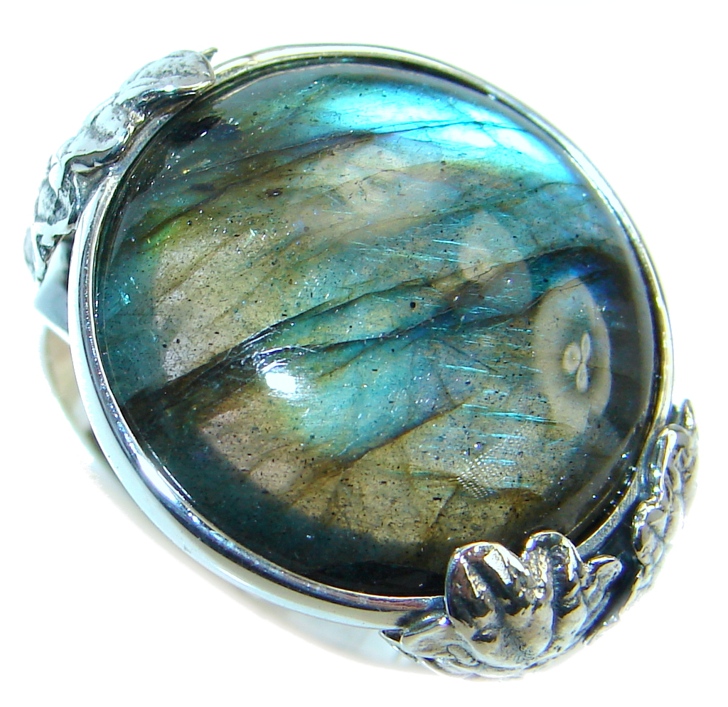 Beautiful Fire Labradorite Oxidized Sterling Silver Ring size 9