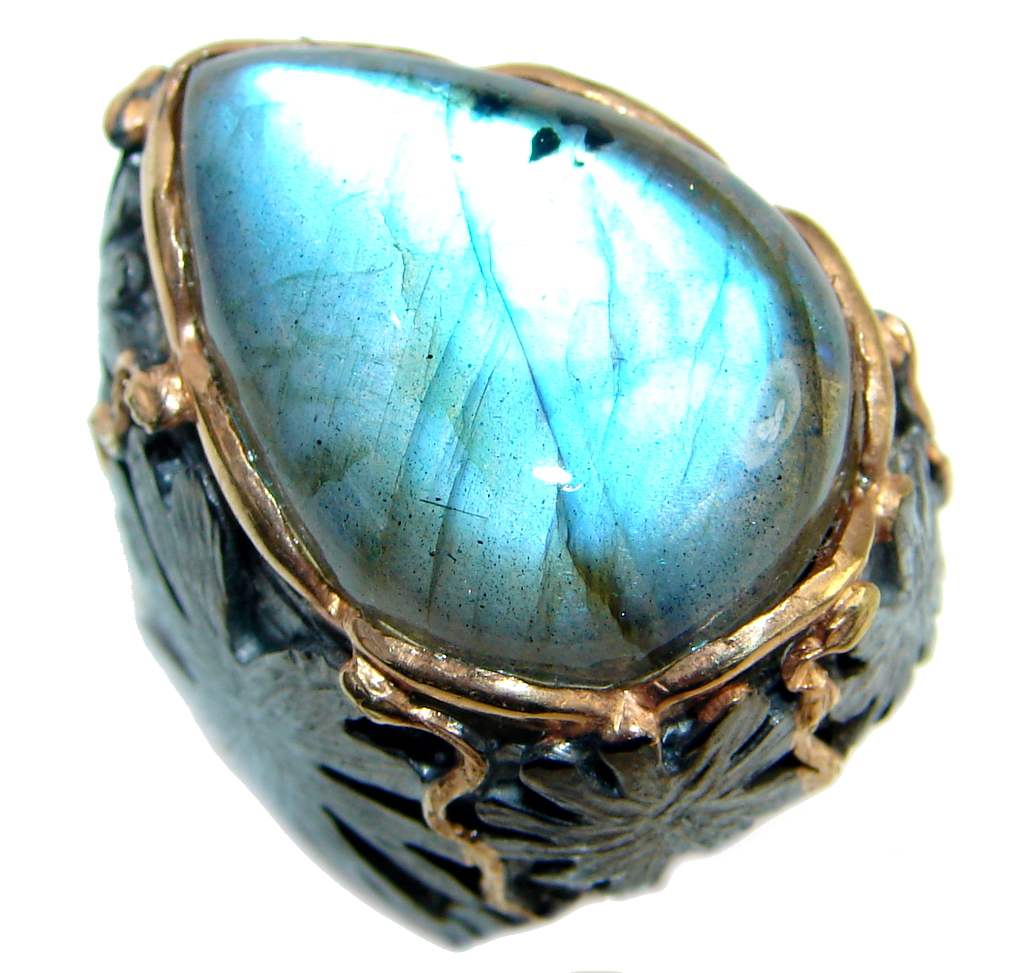 Huge Beautiful Fire Labradorite Rhodium Gold plated over Sterling Silver Ring size 7