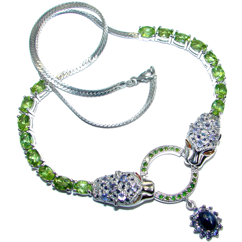Breathtaking Star Blue Sapphire Diffusion & Gems 925 Silver Two Tigers Necklace