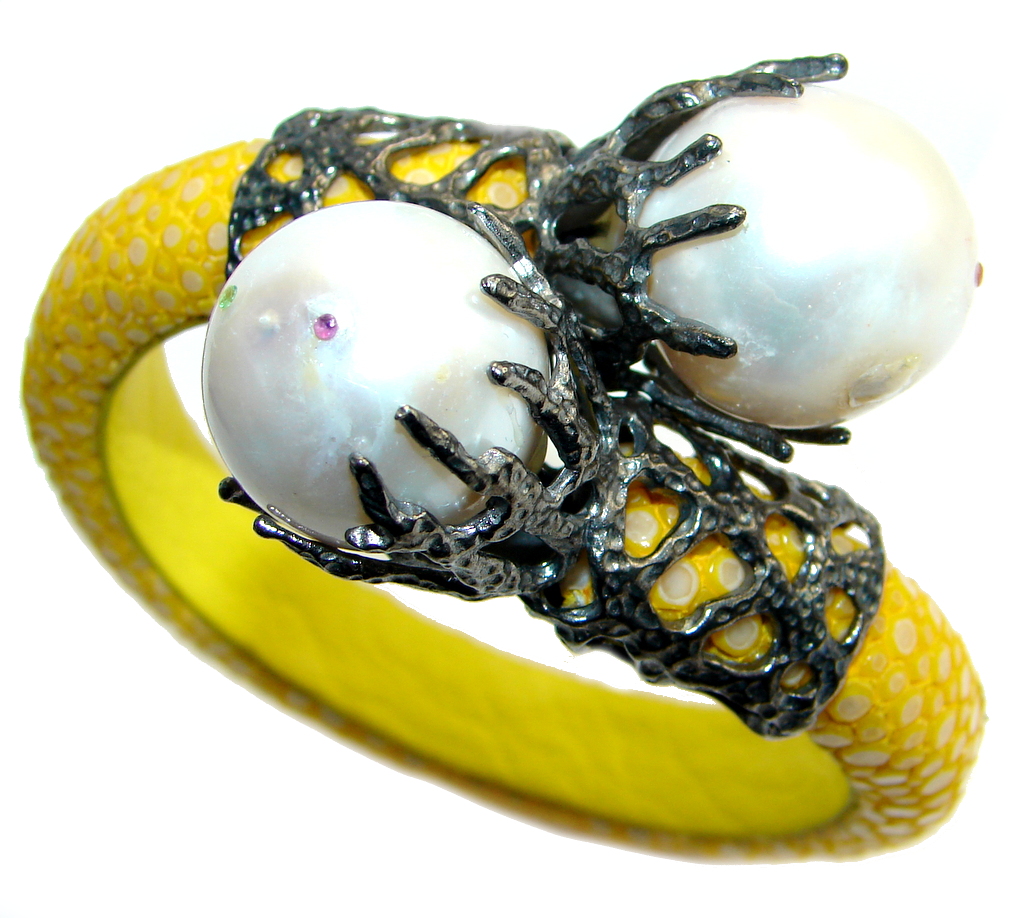 Rare Baroque Pearl 925 Sterling Silver Stingray Leather Bangle bracelet Handmade