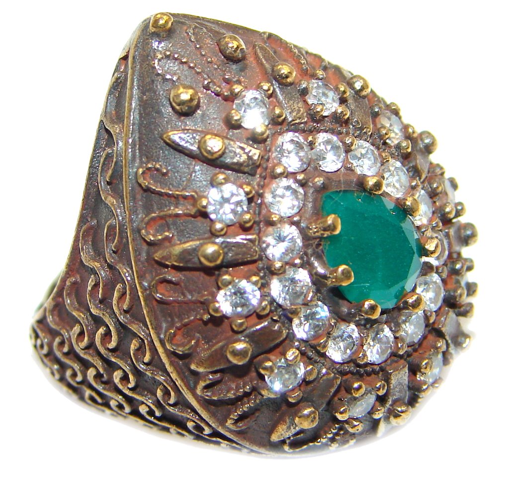Victorian Style created Emerald & White Topaz Copper over Sterling Silver ring; s. 7