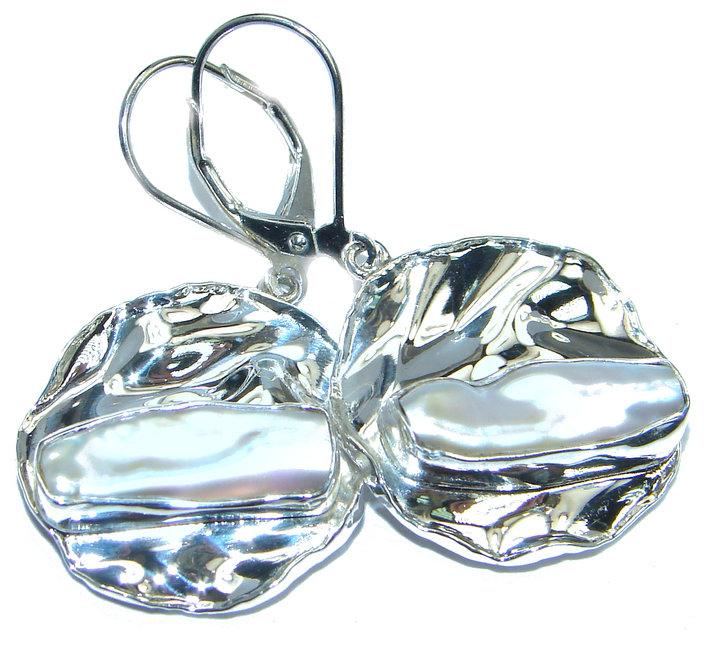 Classic Beauty Mother Of Pearl HAMMERED Sterling Silver earrings