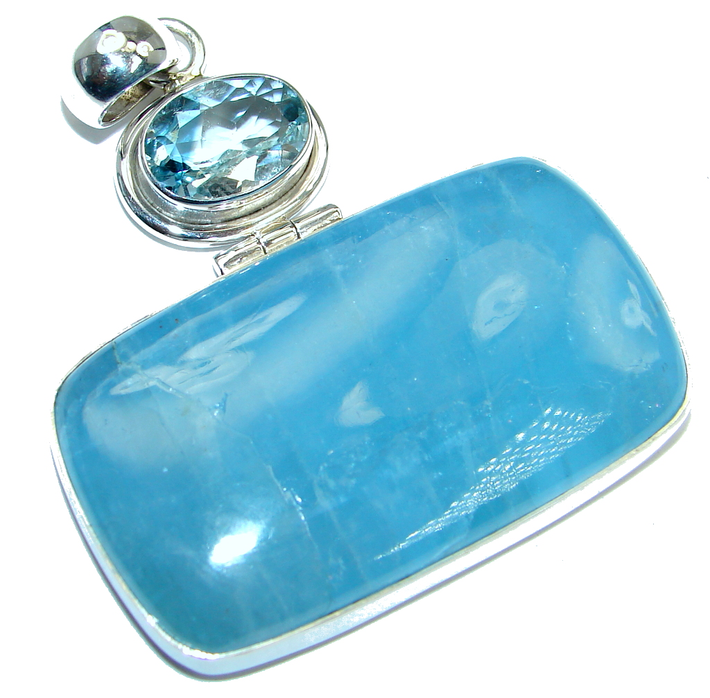 Large Genuine Aquamarine Swiss Blue Topaz Sterling Silver handmade Pendant