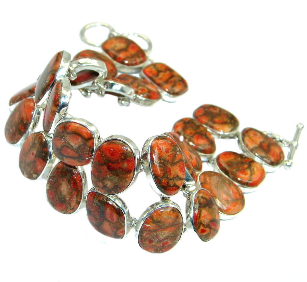 Large Orange Turquoise with copper vains Sterling Silver handmade Bracelet