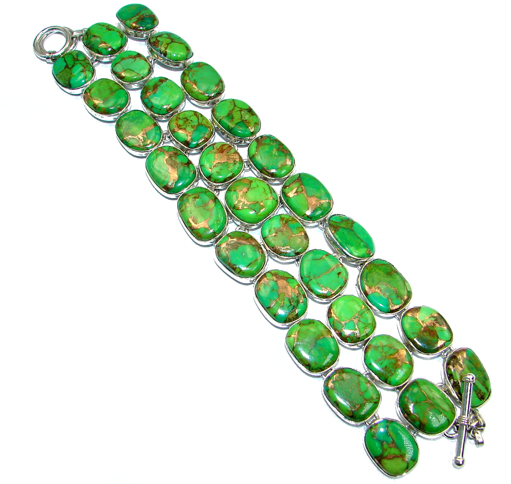 Large Green Turquoise with copper vains Sterling Silver handmade Bracelet